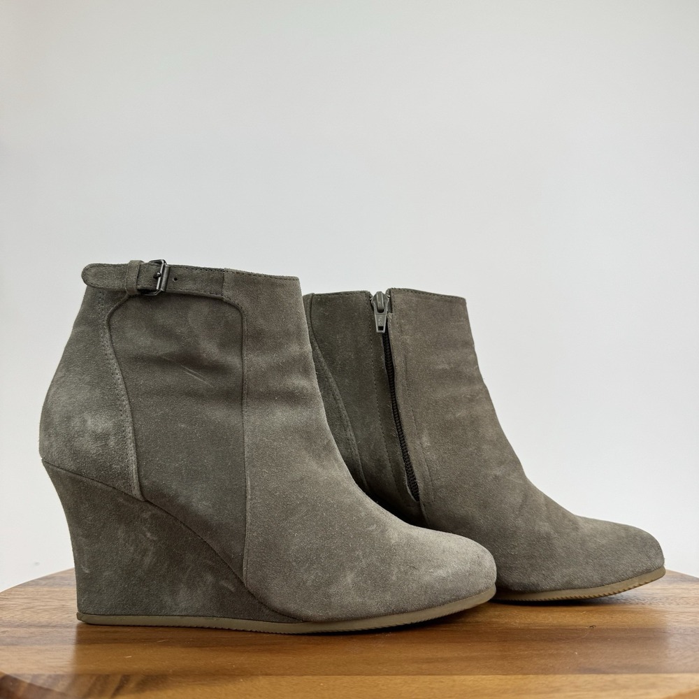 Womens Lanvin Taupe Brown Suede Buckle Zip Wedge Ankle Boots Booties Size 7.5